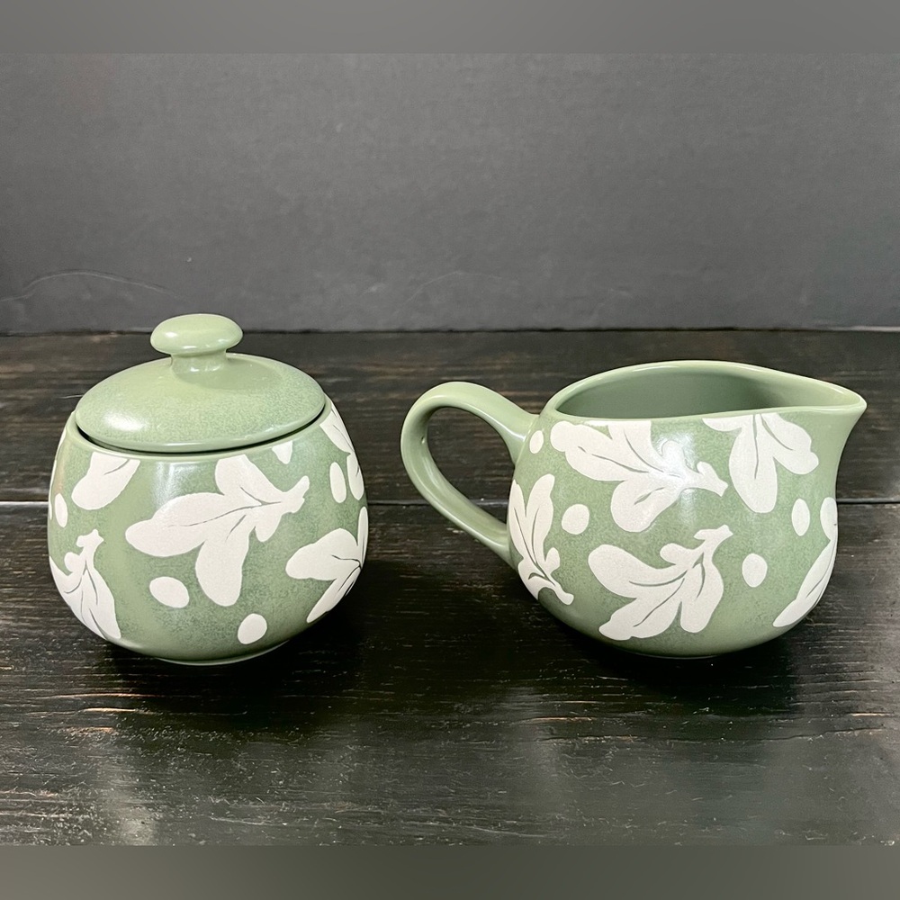 Olive Green Cream & Sugar w Lid-Falling White Leaves By Dansk Sirena-Liora Manne